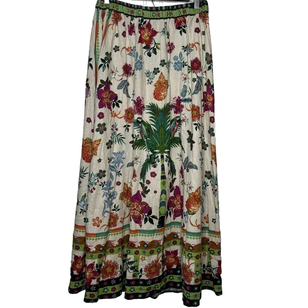 Rachel Zoe Linen Blend Maxi Skirt SM Tropical Parrot Print Resort Boho Hippie